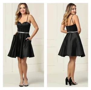 Black Satin Fit and Flare Mini Cocktail Dress