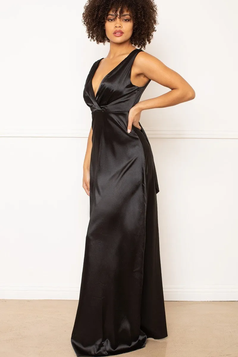 Black Satin Sleeveless Floor Length Evening Gown