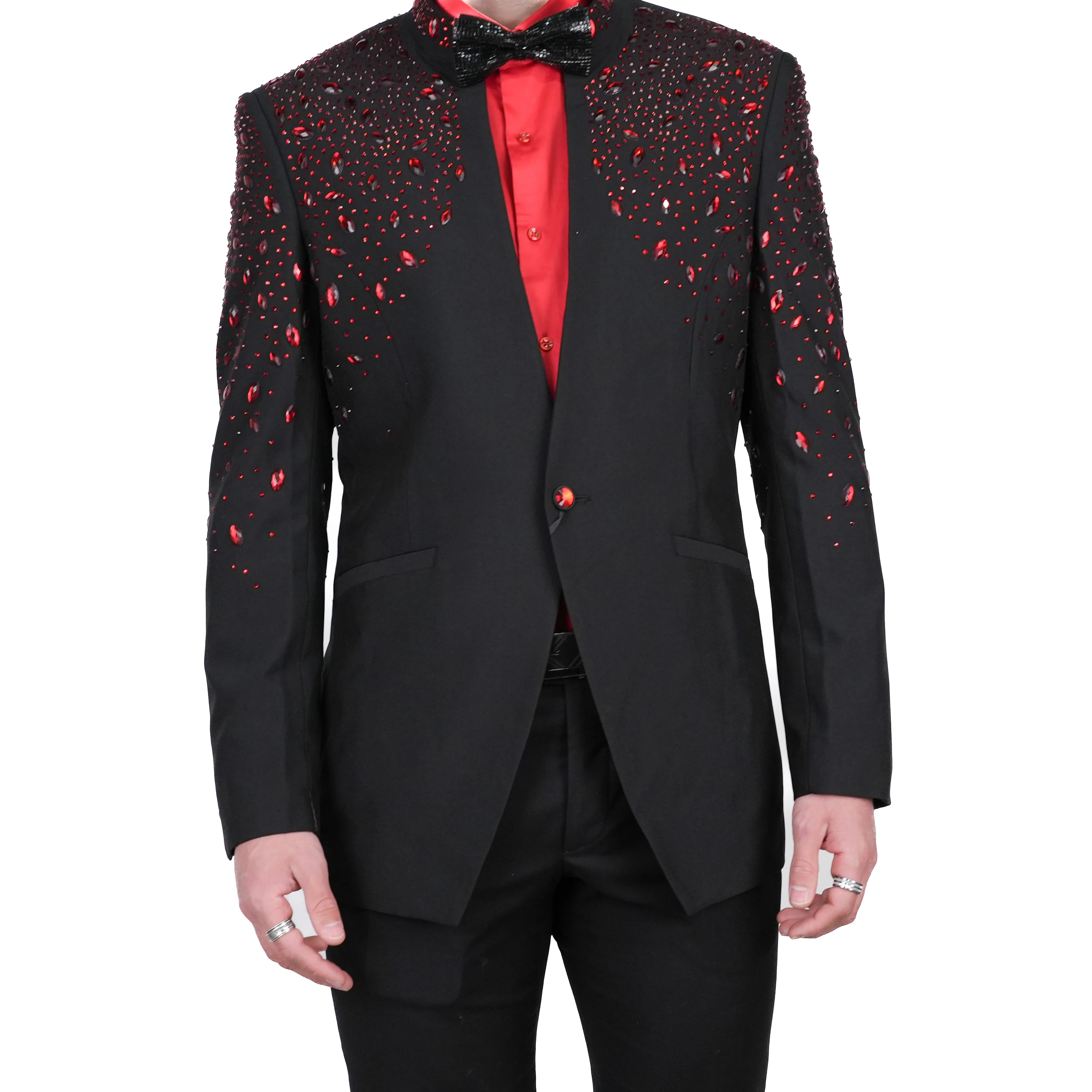 Black With Ruby Reign Stone Avanti Milano Mandarin Collar Dinner Jacket