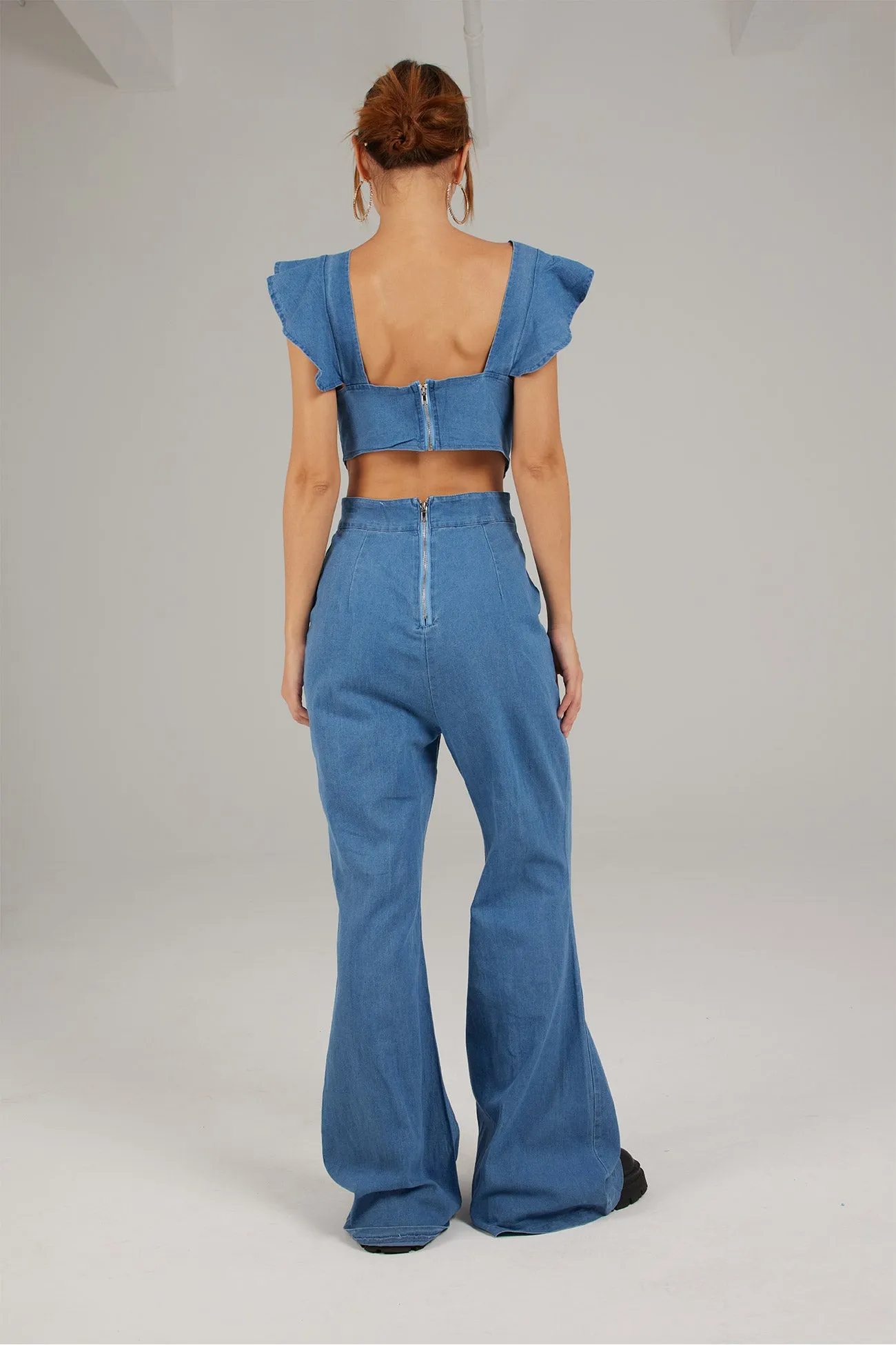 Blue Ruffled Cutout Jumpsuits