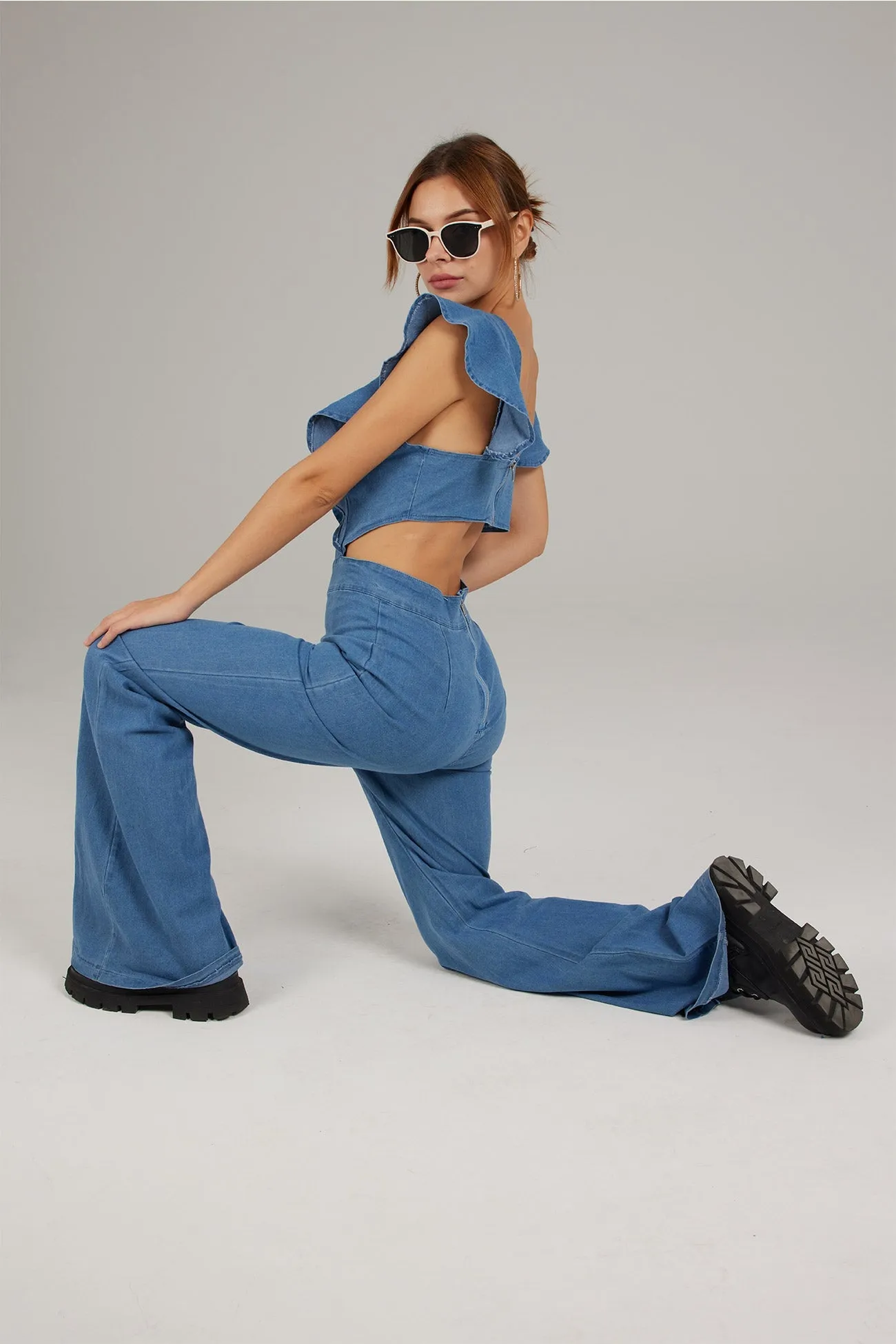 Blue Ruffled Cutout Jumpsuits