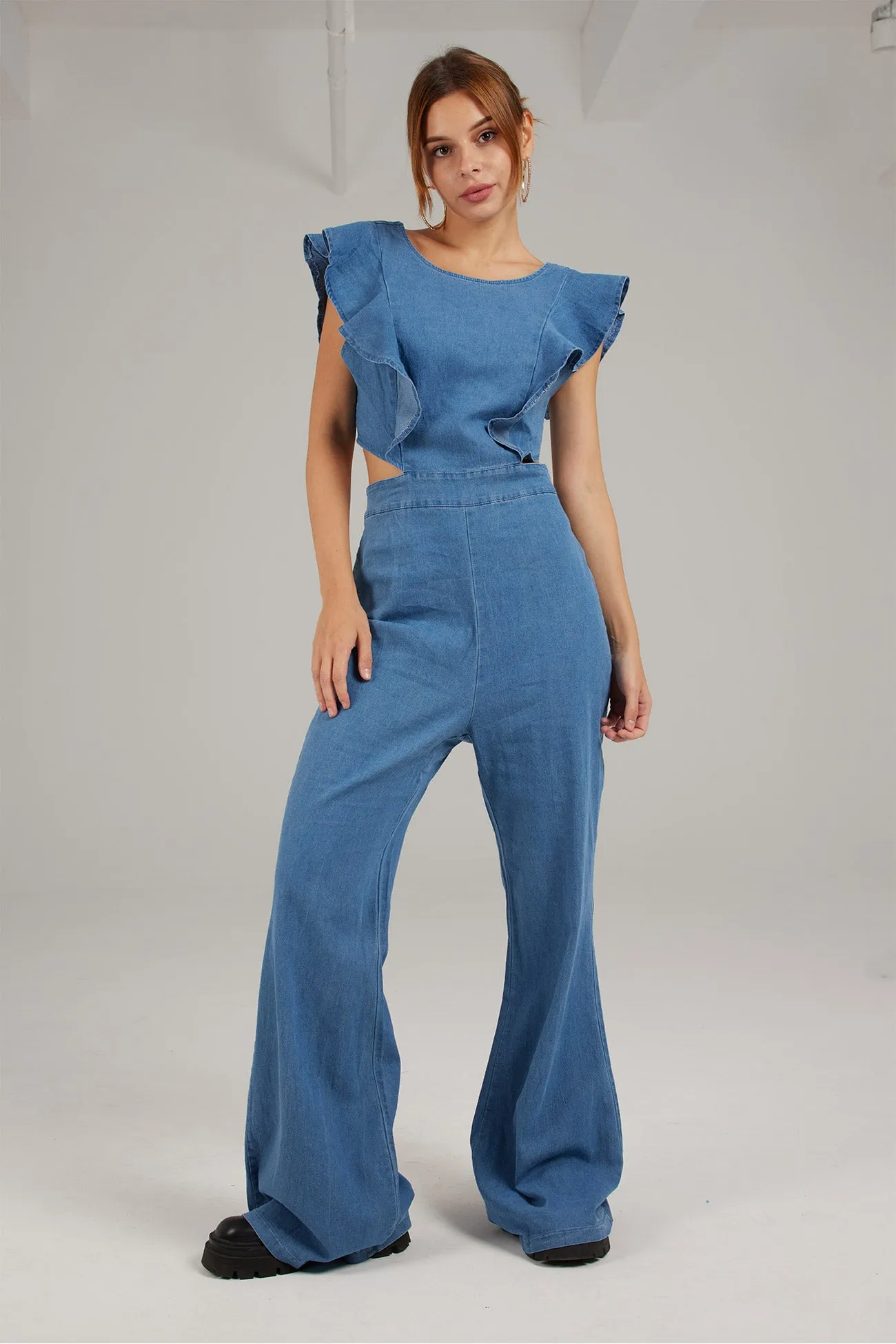 Blue Ruffled Cutout Jumpsuits