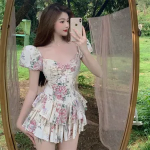 deanwangkt  Summer French Romantic Floral Mini Romper Square Collar Flowers Printed Chiffon Tiered Playsuit Cute Kawaii Feminine Romper  Fairy Dress