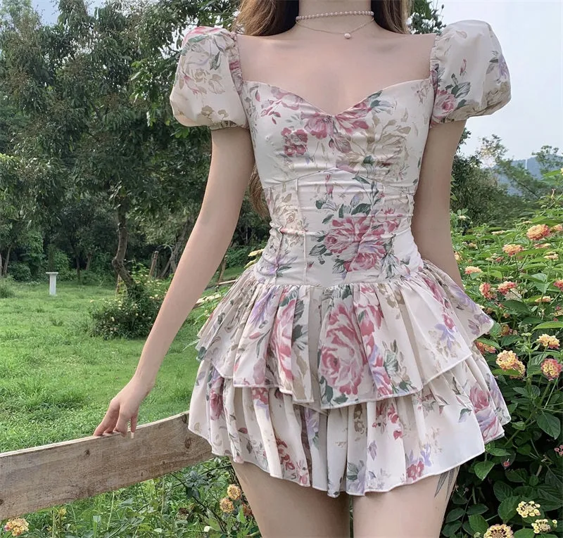 deanwangkt  Summer French Romantic Floral Mini Romper Square Collar Flowers Printed Chiffon Tiered Playsuit Cute Kawaii Feminine Romper  Fairy Dress