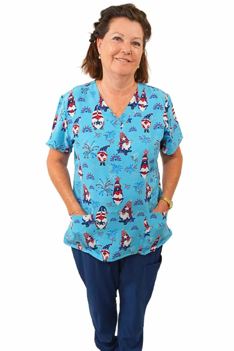 Luv Scrubs by MedWorks Women's Print Scrub Top | Star Spangled Gnomes