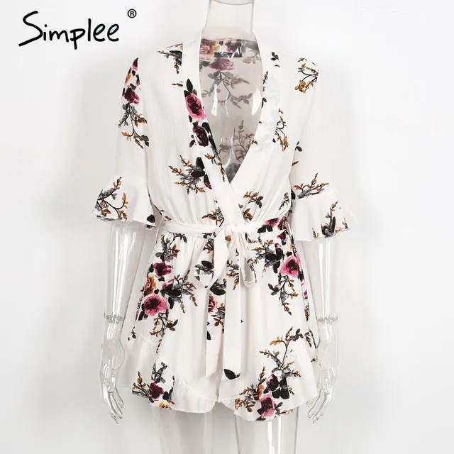 Simplee V neck print chiffon jumpsuit romper women Elastic waist half sleeve beach overalls Sexy streetwear playsuits leotard